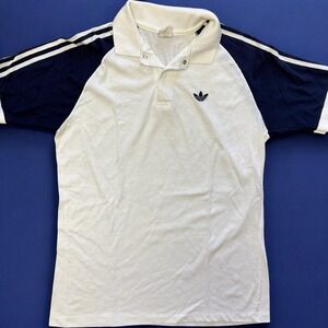 Vintage 80s Adidas Polo Shirt Men Large White Navy Snap Button Trefoil Made USA